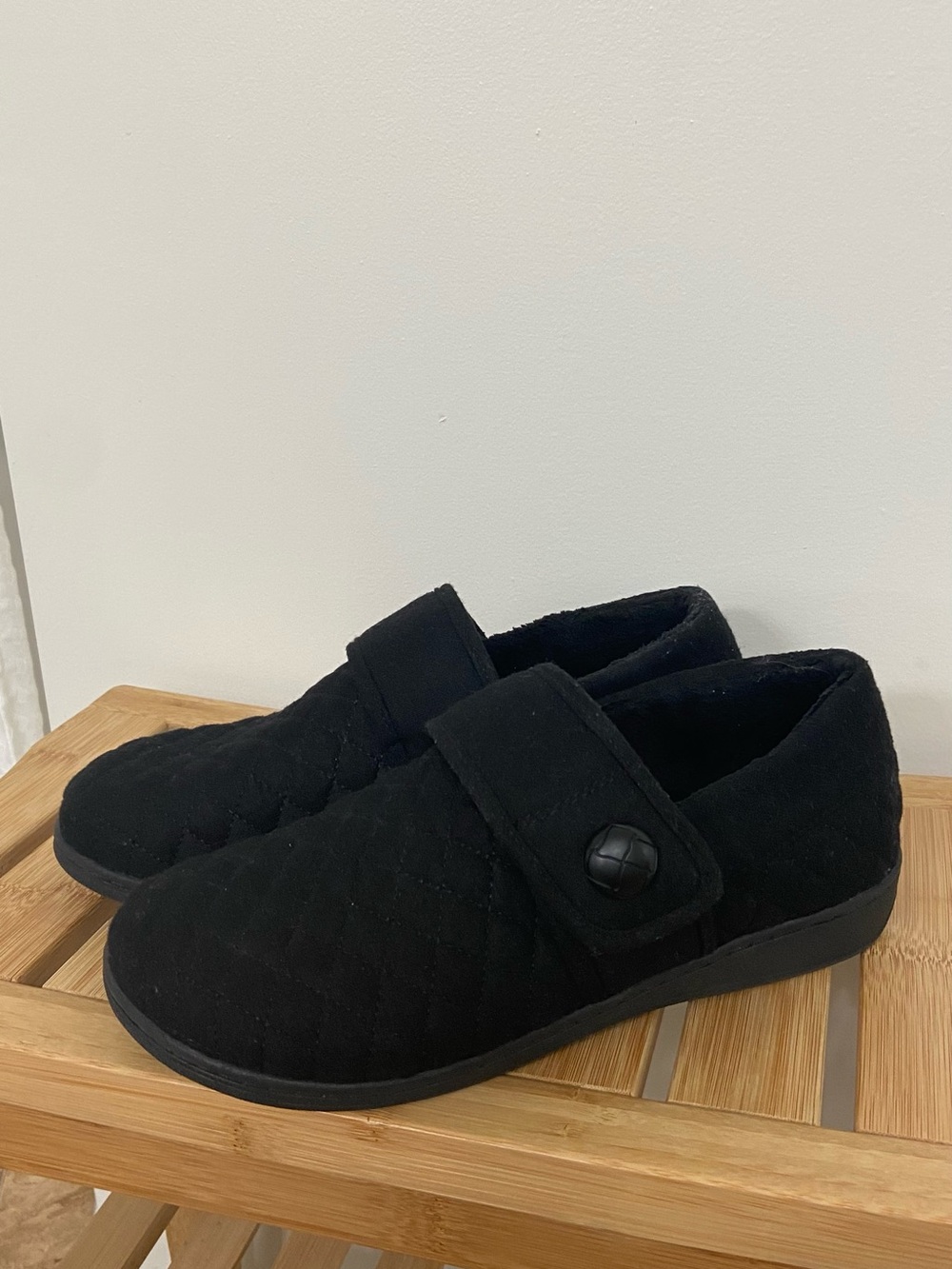 Vionic Jackie Black Quilted Slip-On Loafers with Button Strap